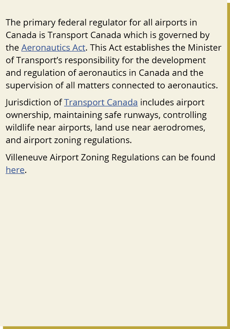 The primary federal regulator for all airports in Canada is Transport Canada which is governed by the Aeronautics Act...