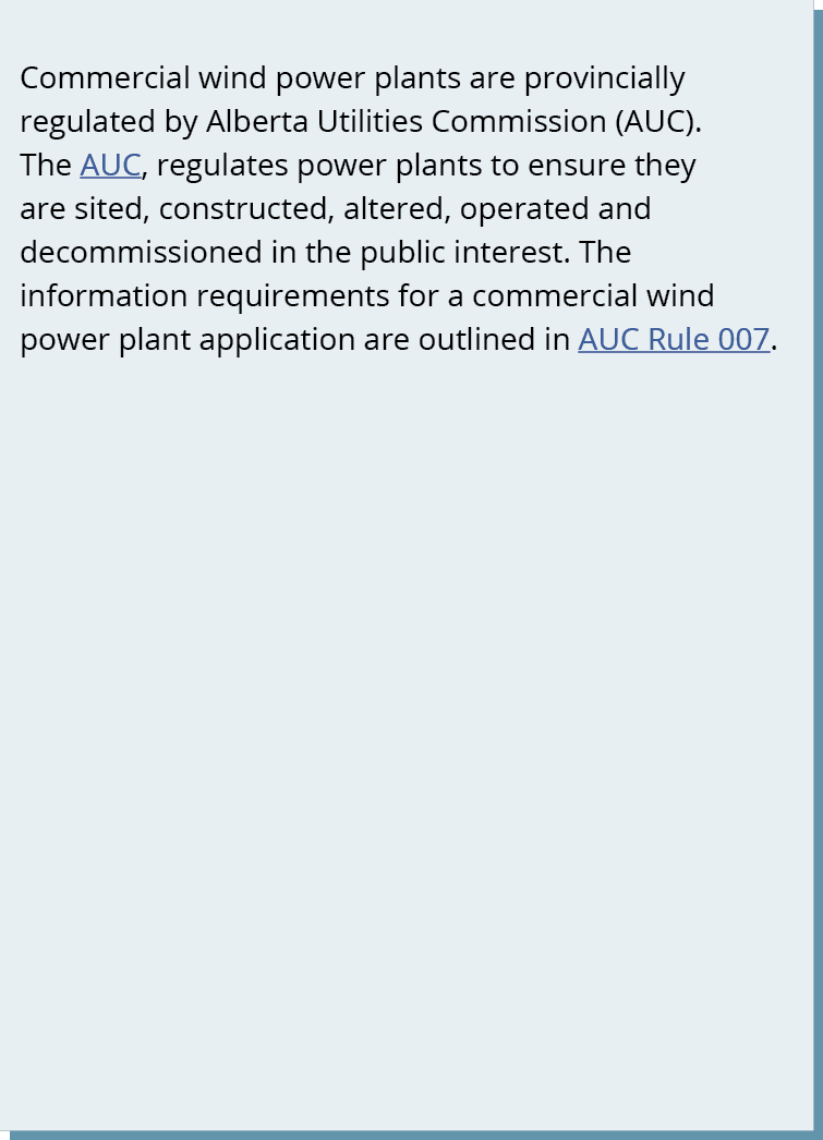 Commercial wind power plants are provincially regulated by Alberta Utilities Commission (AUC). The AUC, regulates pow...