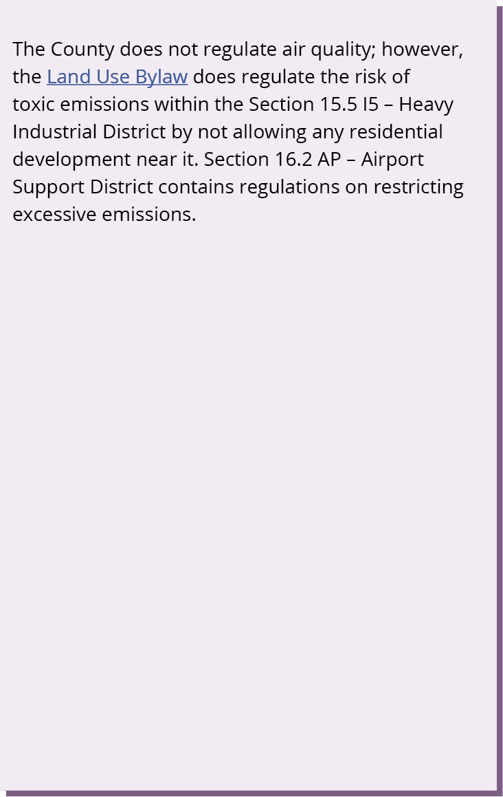 The County does not regulate air quality; however, the Land Use Bylaw does regulate the risk of toxic emissions withi...