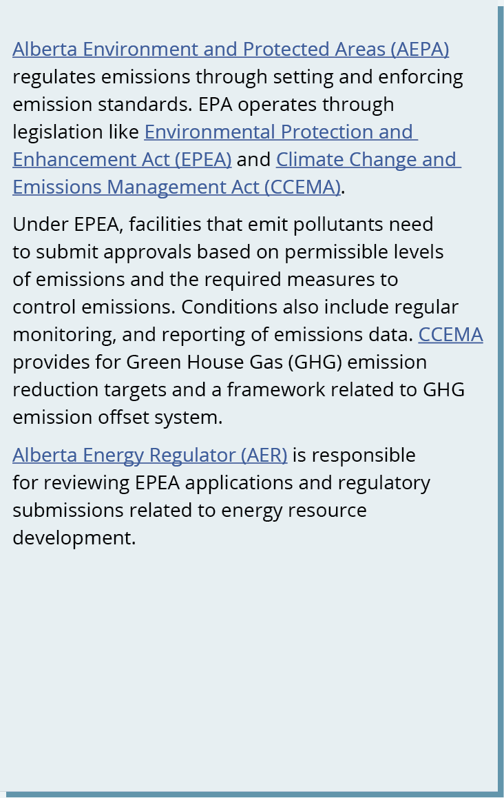 Alberta Environment and Protected Areas (AEPA) regulates emissions through setting and enforcing emission standards. ...