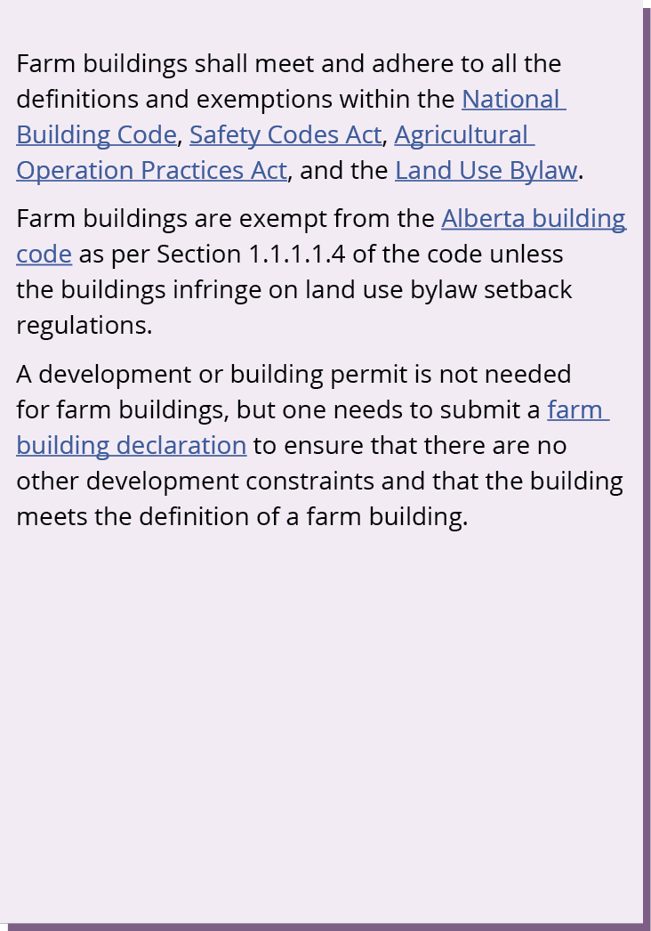 Farm buildings shall meet and adhere to all the definitions and exemptions within the National Building Code, Safety ...