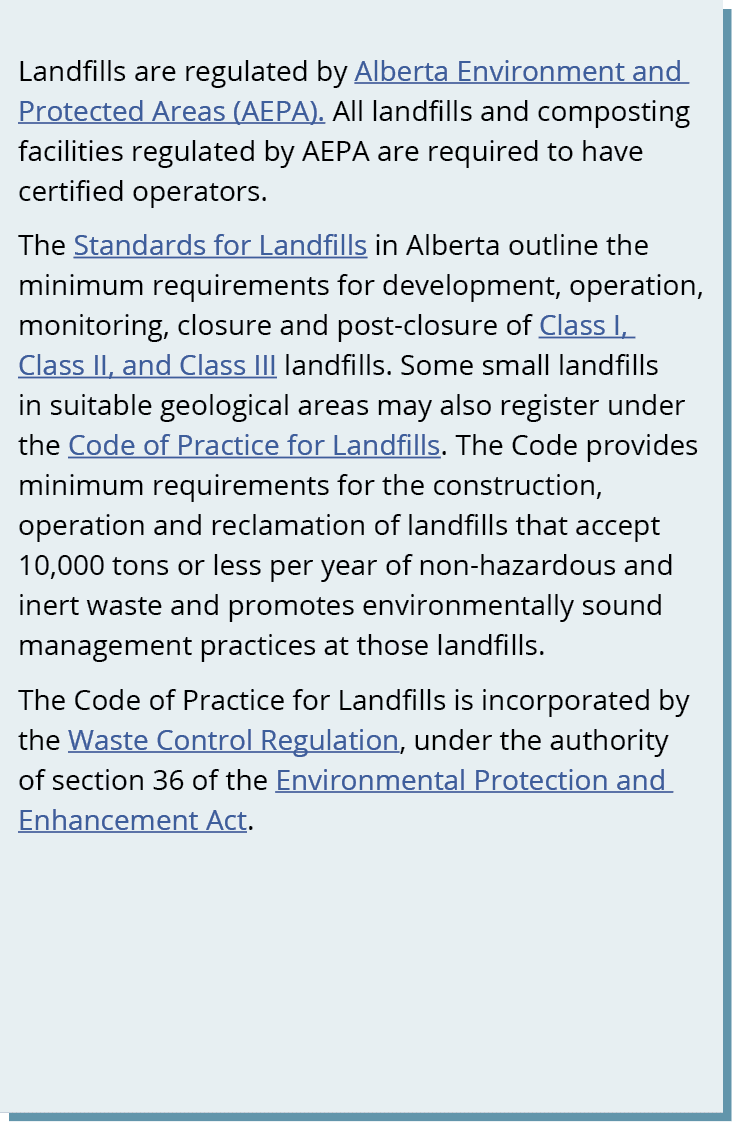 Landfills are regulated by Alberta Environment and Protected Areas (AEPA). All landfills and composting facilities re...