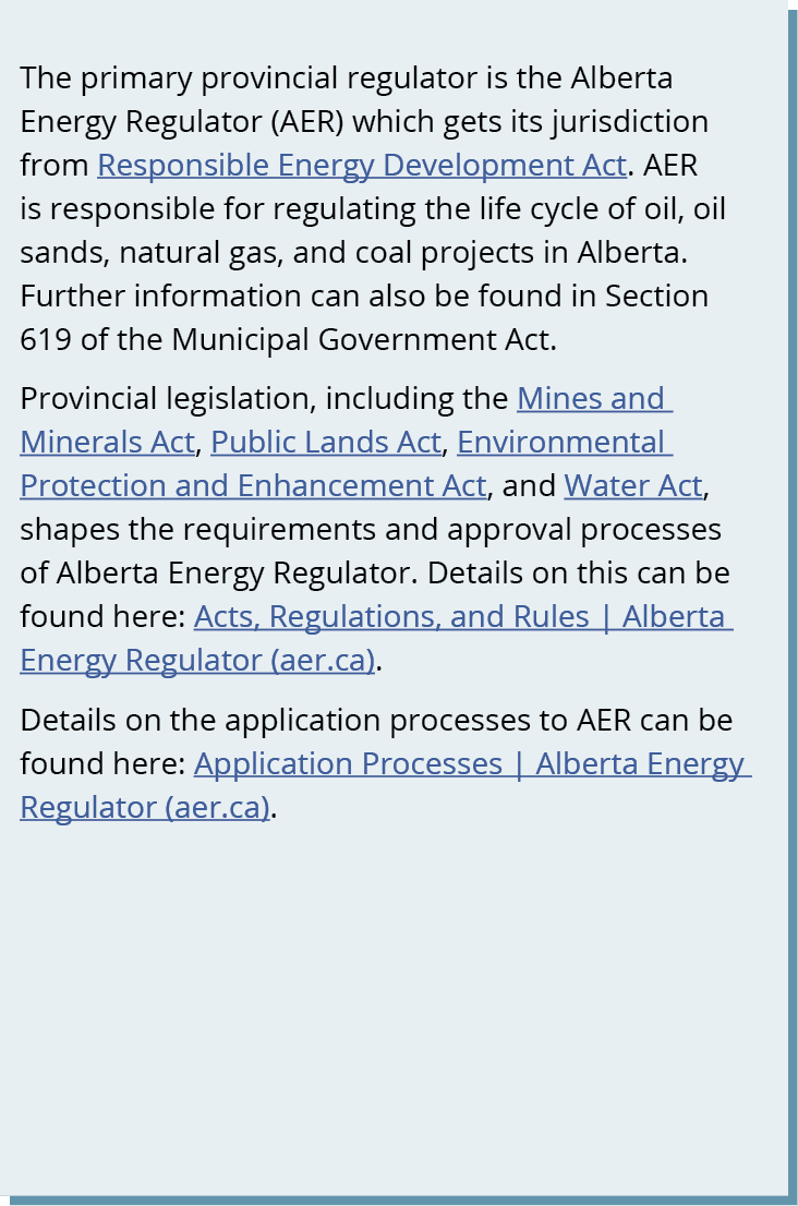 The primary provincial regulator is the Alberta Energy Regulator (AER) which gets its jurisdiction from Responsible E...