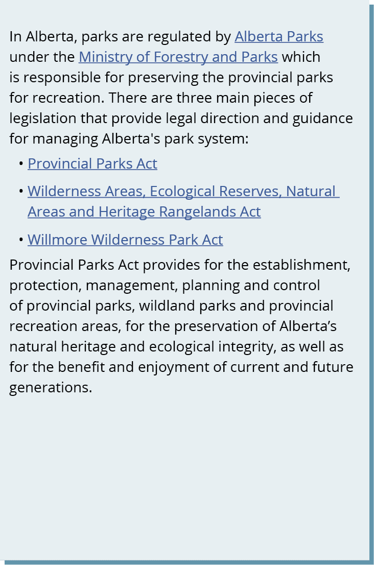 In Alberta, parks are regulated by Alberta Parks under the Ministry of Forestry and Parks which is responsible for pr...
