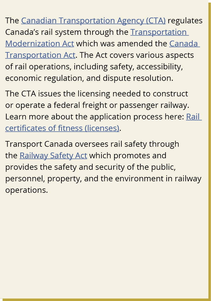 The Canadian Transportation Agency (CTA) regulates Canada’s rail system through the Transportation Modernization Act ...