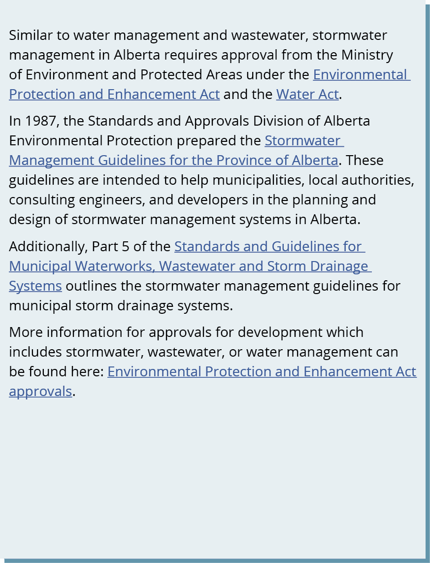 Similar to water management and wastewater, stormwater management in Alberta requires approval from the Ministry of E...